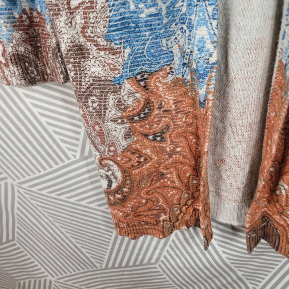 Chicos Size 1 Medium Open Front Drape Cardigan Sweater Paisley Blue orange - Picture 4 of 7